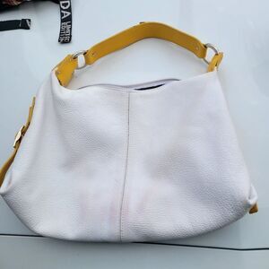 Christina in Pell Pebbled Italian Leather Shoulder Bag White w/Tan Handles Purse